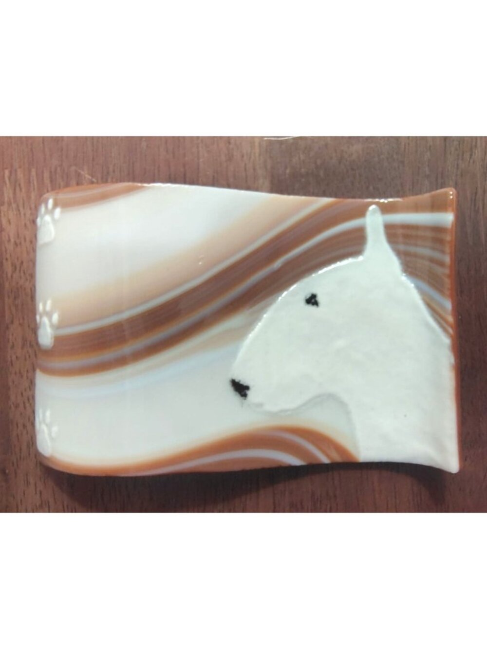 Handmade Fused Glass White Bull Terrier Dog Trinket Soap Dish Art Brown Paws